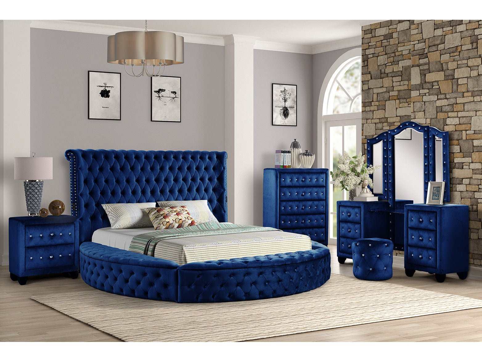 Hazel Blue Tufted Velvet King Vanity Bedroom Set / 5pc - Ornate Home