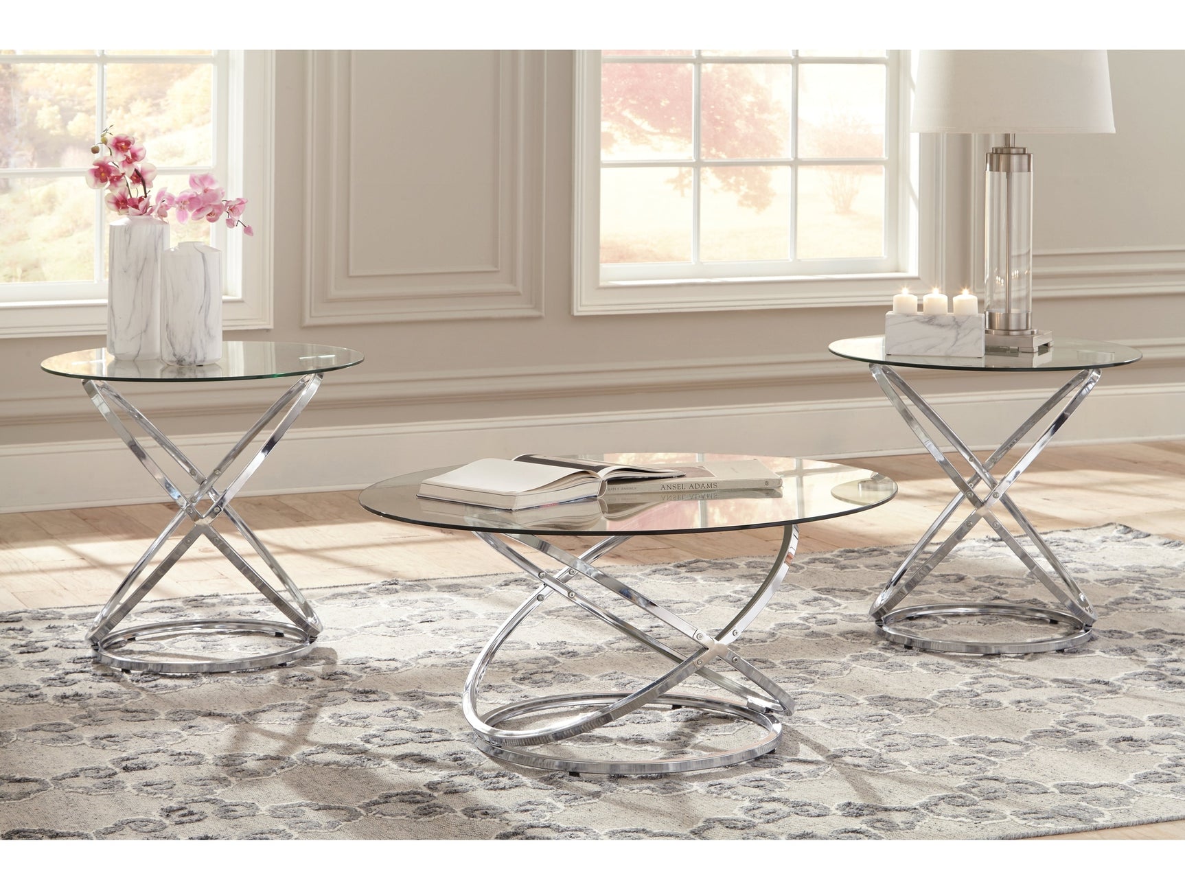 Hollynyx Chrome & Glass Coffee Table Set (3pc) - Ornate Home