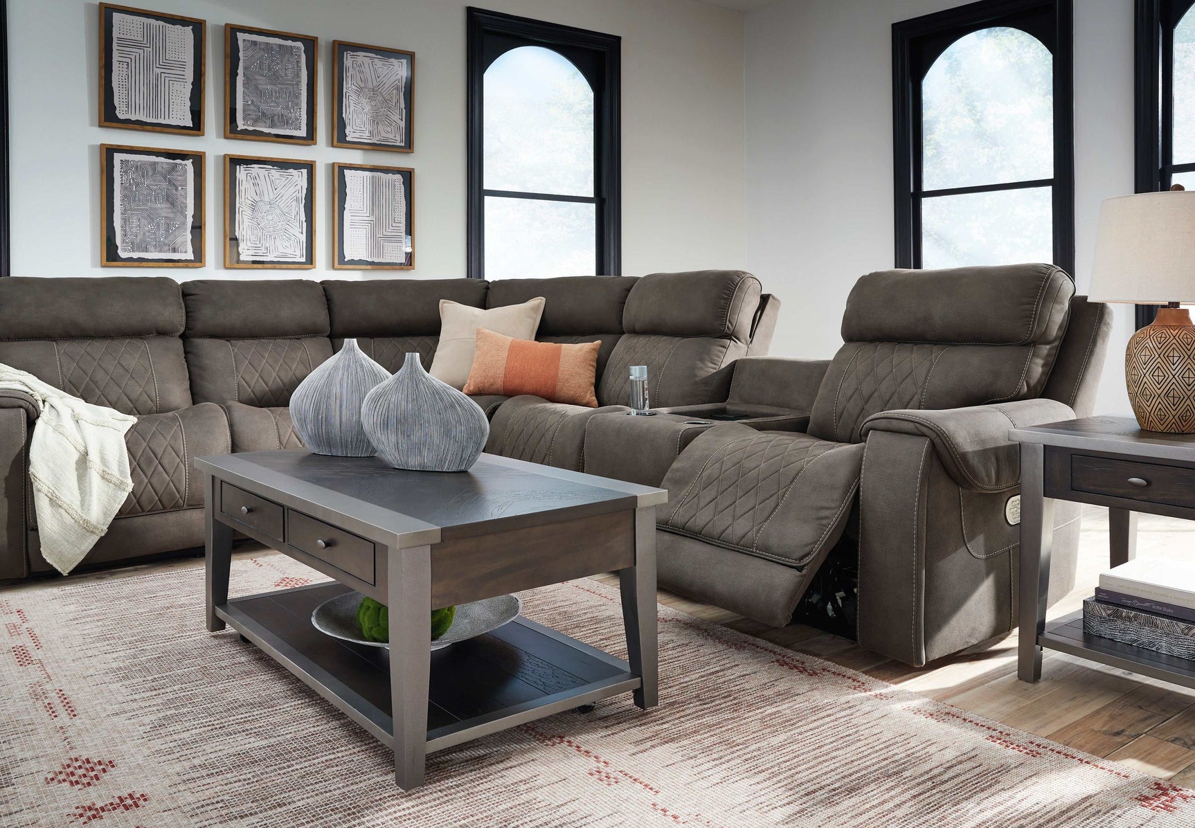 Hoopster Gunmetal 6pc Power Reclining Sectional w/ Touchscreen Console - Ornate Home