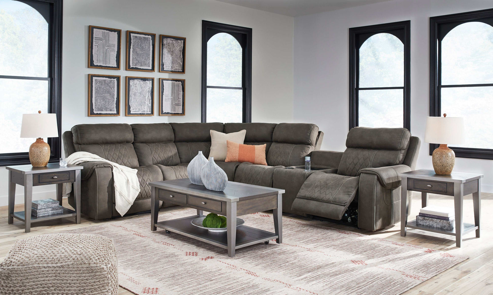 Hoopster Gunmetal 6pc Power Reclining Sectional w/ Touchscreen Console - Ornate Home