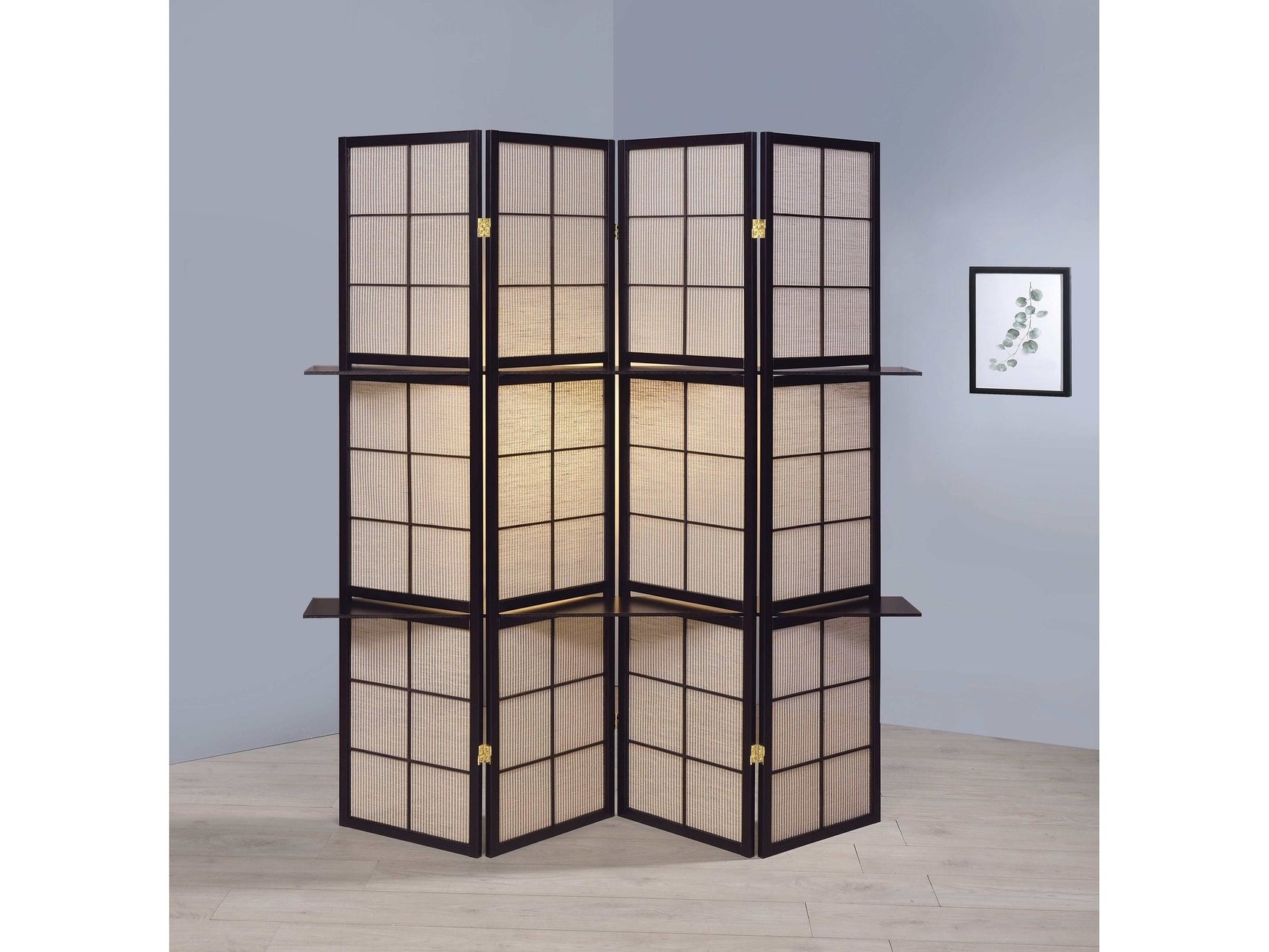 Iggy Tan & Cappuccino 4 Panel Folding Screen w/ Removable Shelves - Ornate Home