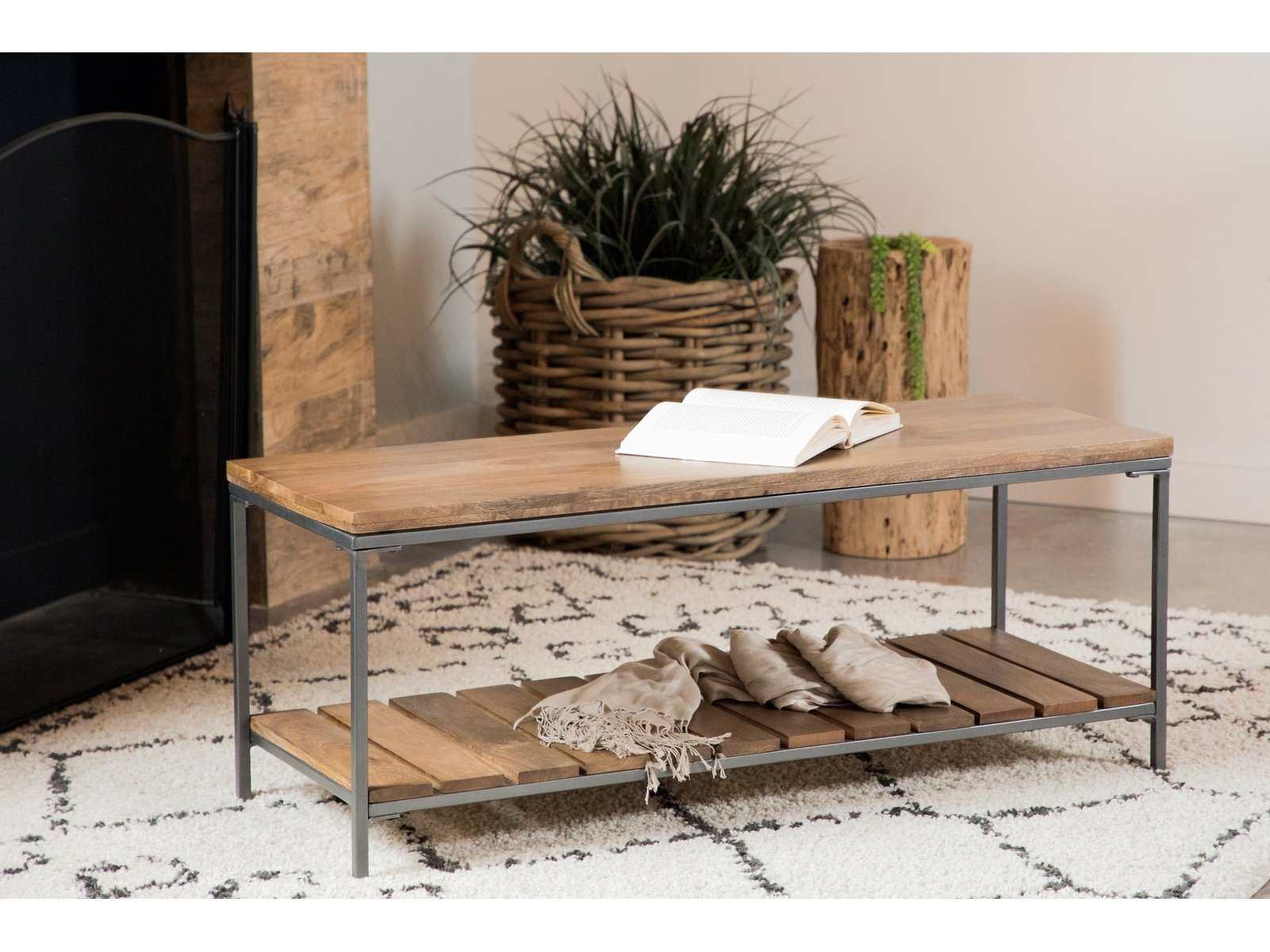 Inez Natural & Gunmetal Bench w/ Slat Shelf - Ornate Home