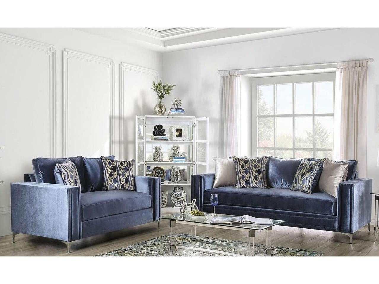 Jodie Satin Blue & Silver Stationary Sofa & Loveseat 2pc - Ornate Home