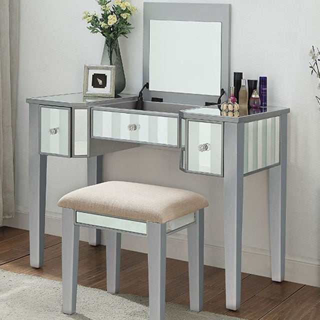 Joyce Silver Vanity w/ Stool - Ornate Home