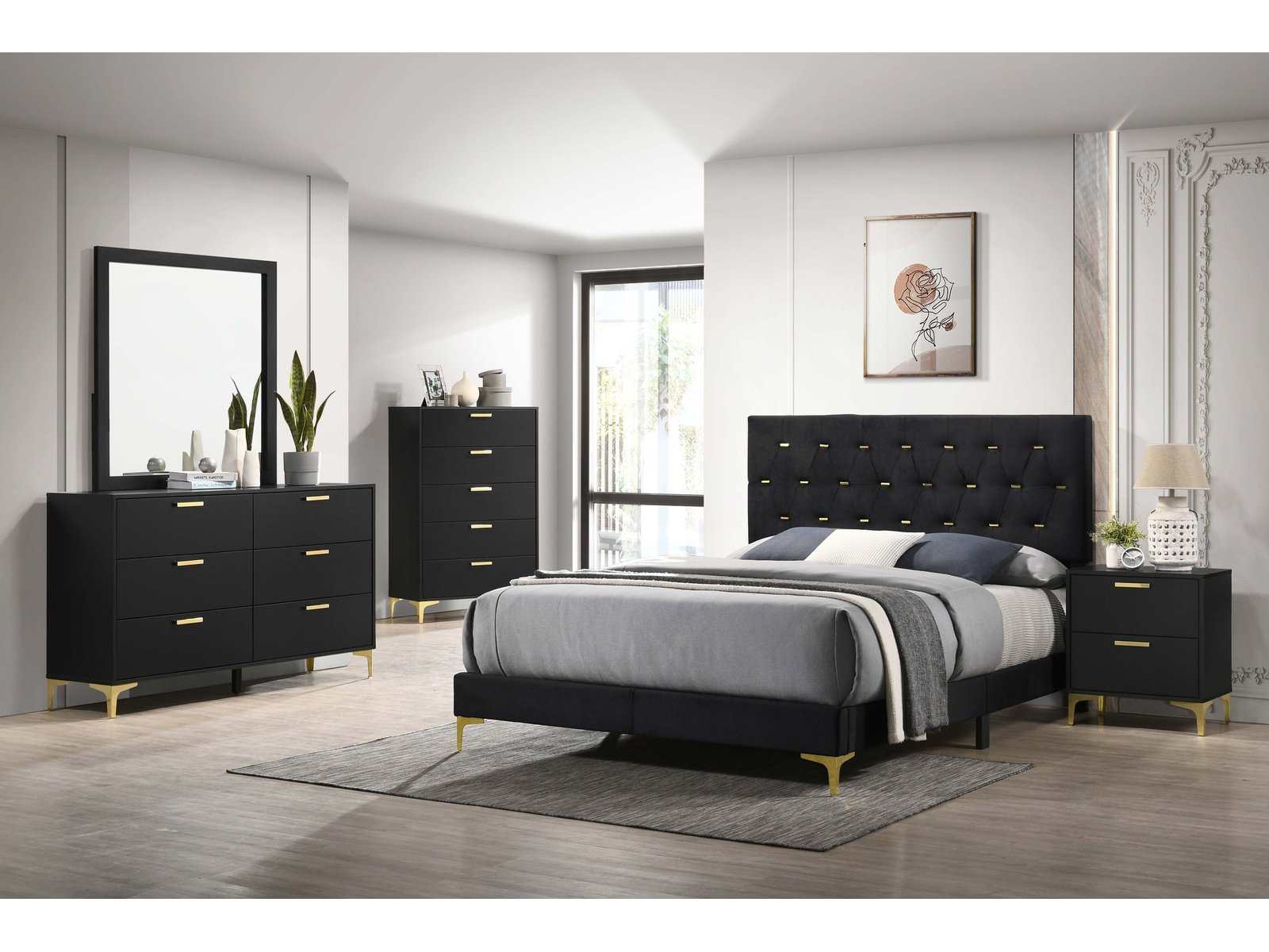 Kendall Black / Gold Eastern King Bed 5 Pc Set - Ornate Home