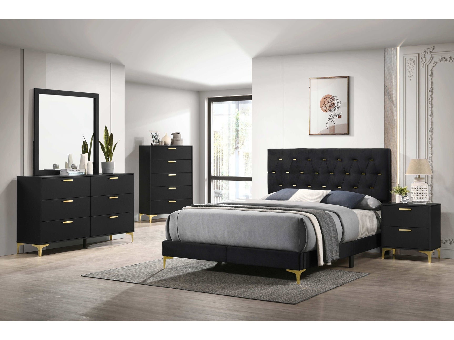 Kendall Black / Gold Queen Bed 5 Pc Set - Ornate Home