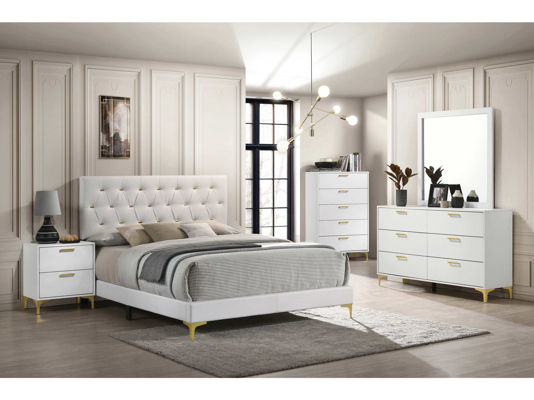 Kendall White / Gold California King Bed 5 Pc Set - Ornate Home
