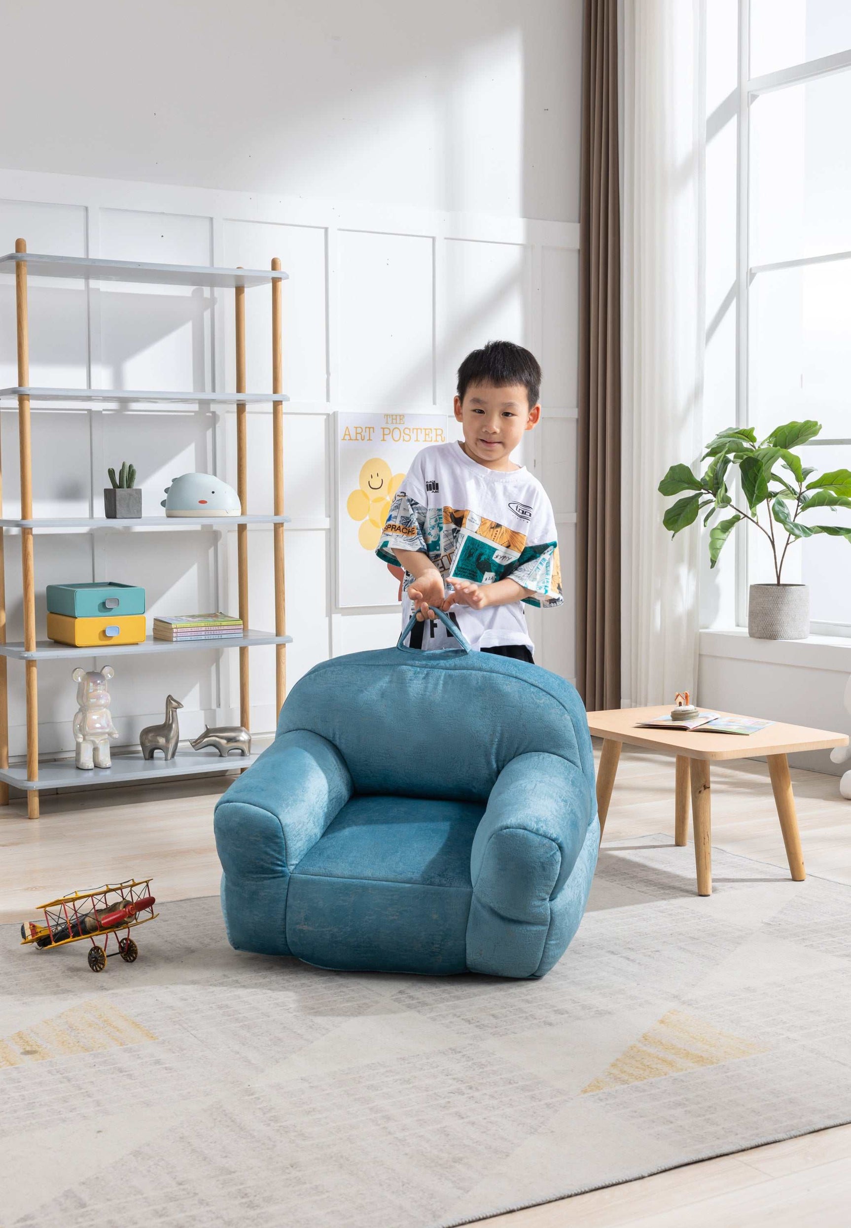 King Kid's Blue Velvet Bean Bag Chair - Ornate Home