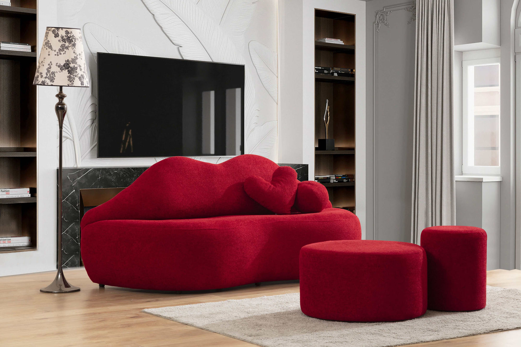 Kiss Boucle Loveseat w/ Round Ottoman & Stool - Ornate Home