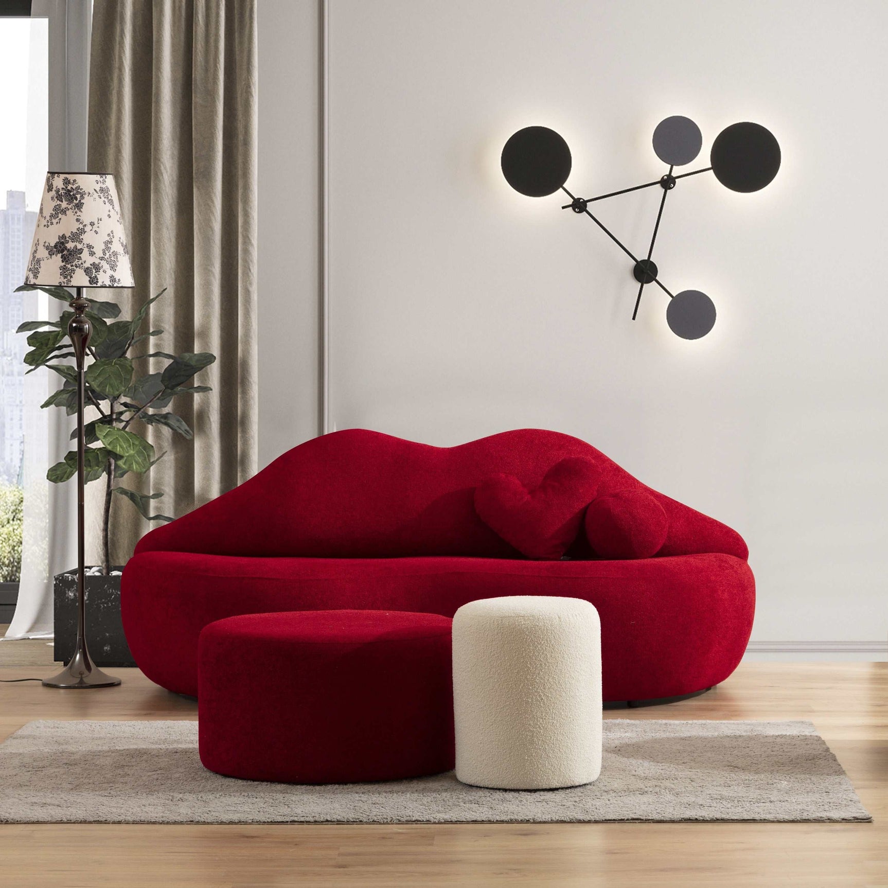 Kiss Boucle Loveseat w/ Round Ottoman & Stool - Ornate Home