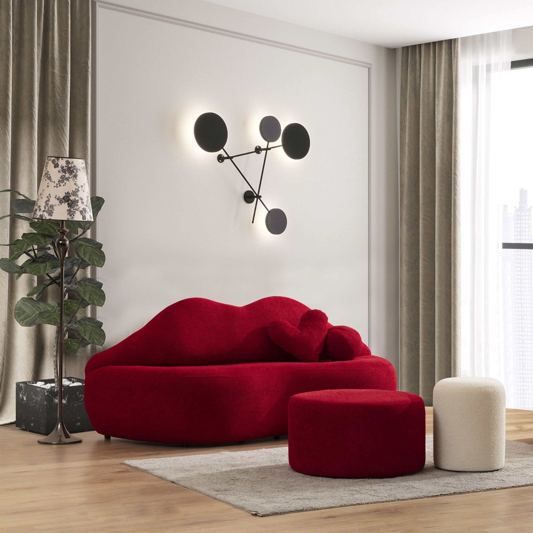 Kiss Boucle Loveseat w/ Round Ottoman & Stool - Ornate Home