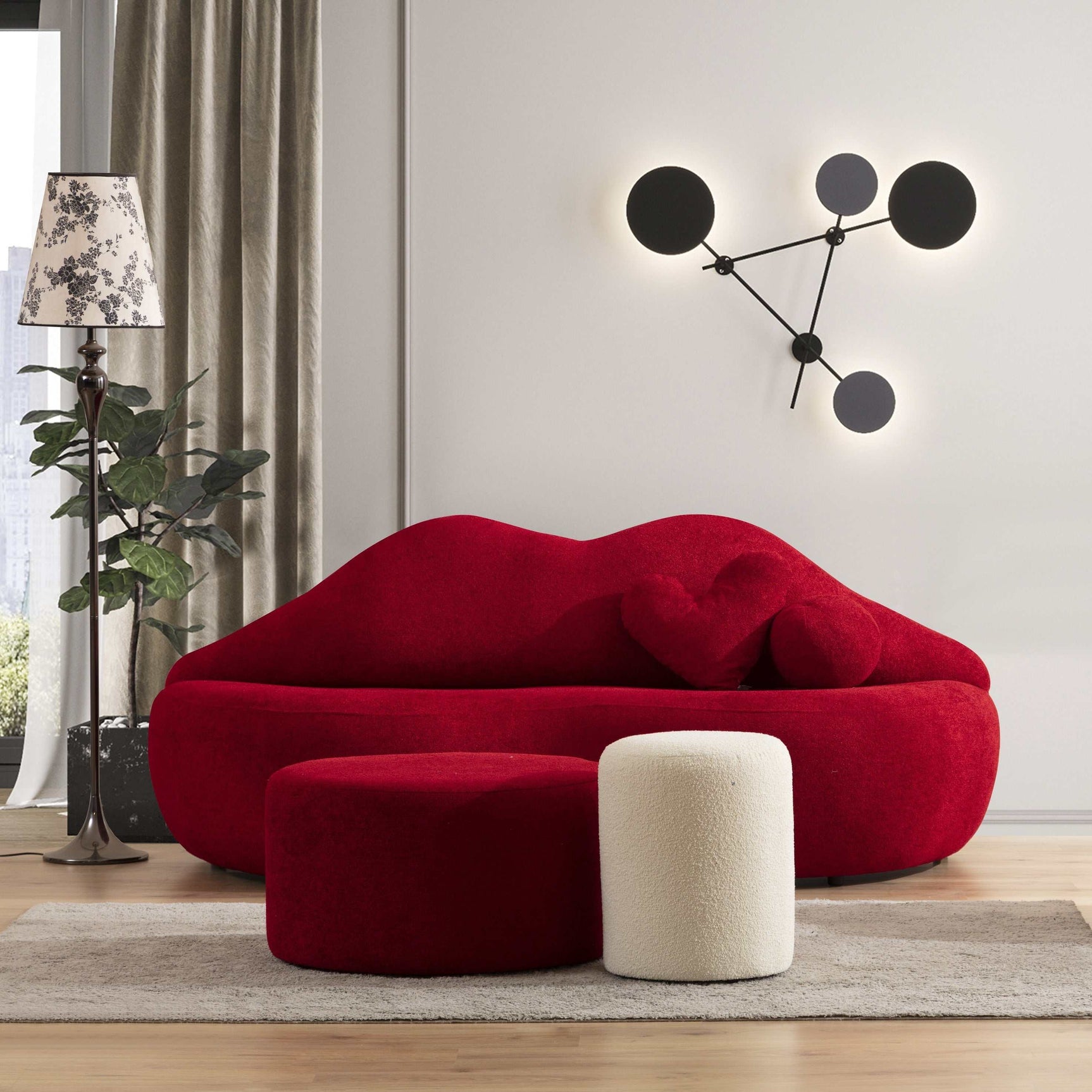 Kiss Boucle Loveseat w/ Round Ottoman & Stool - Ornate Home