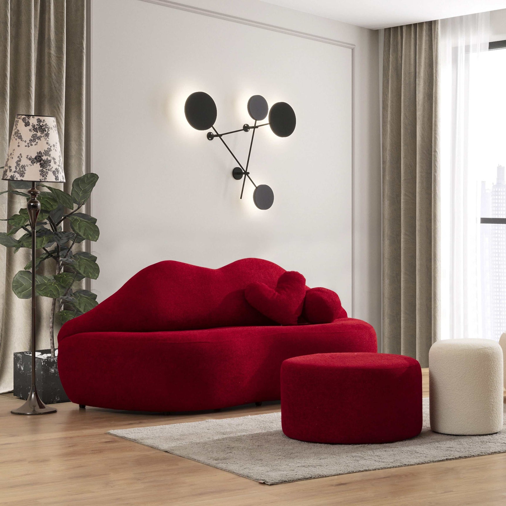 Kiss Boucle Loveseat w/ Round Ottoman & Stool - Ornate Home