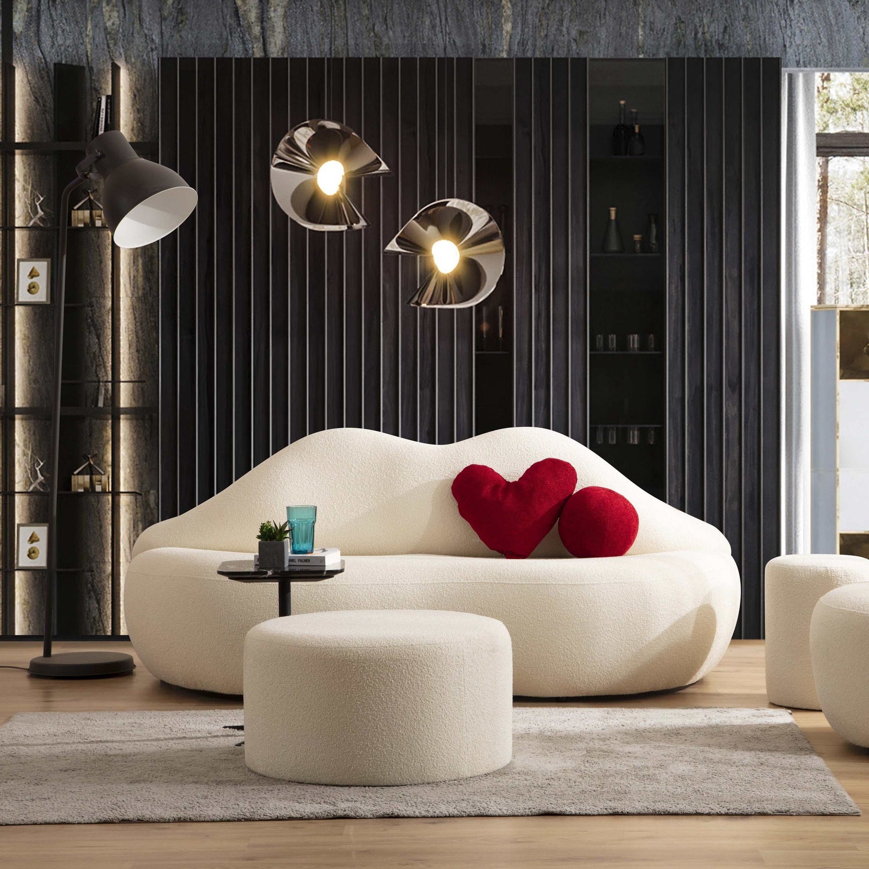 Kiss Boucle Loveseat w/ Round Ottoman & Stool - Ornate Home