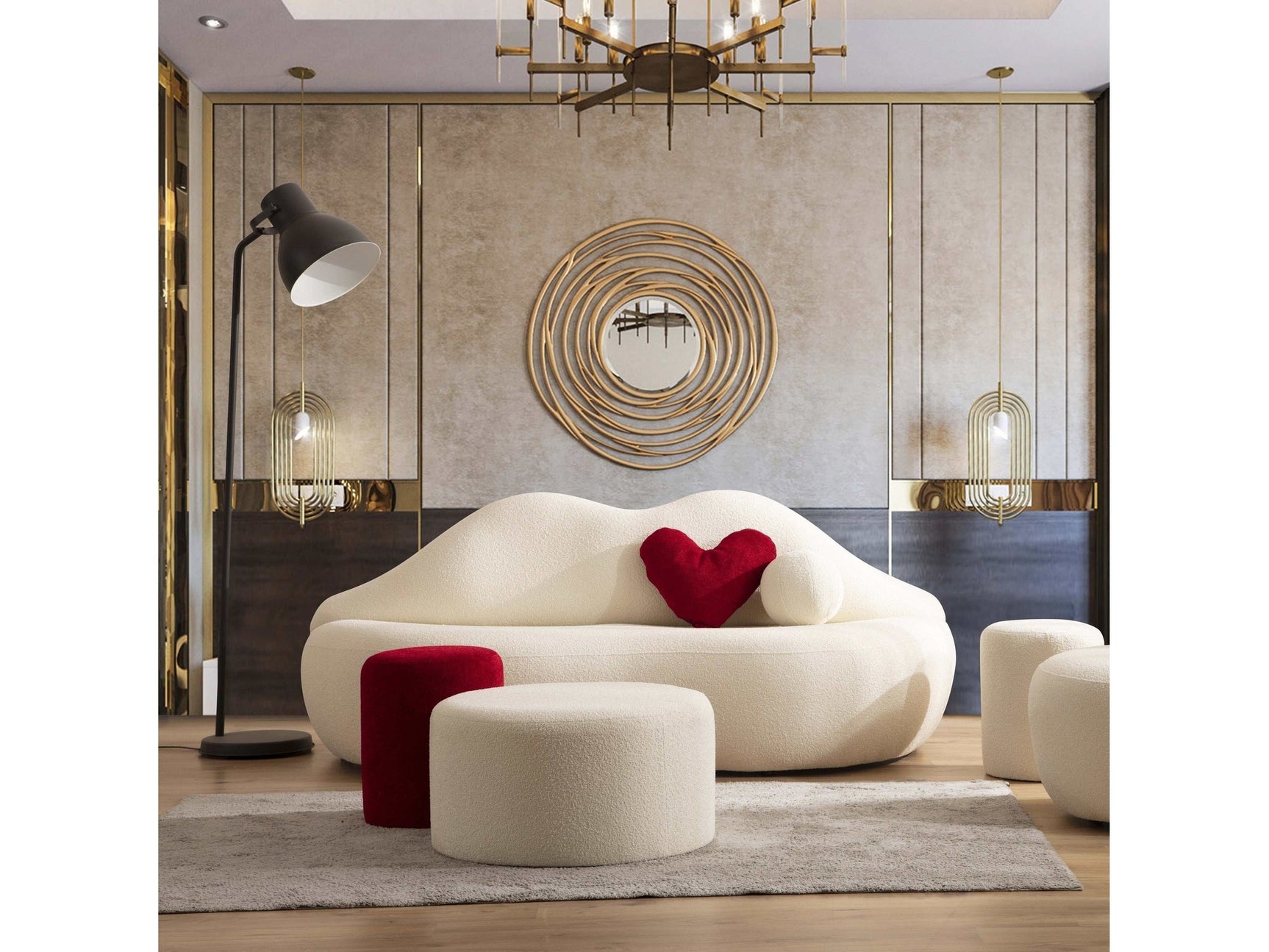 Kiss Boucle Loveseat w/ Round Ottoman & Stool - Ornate Home