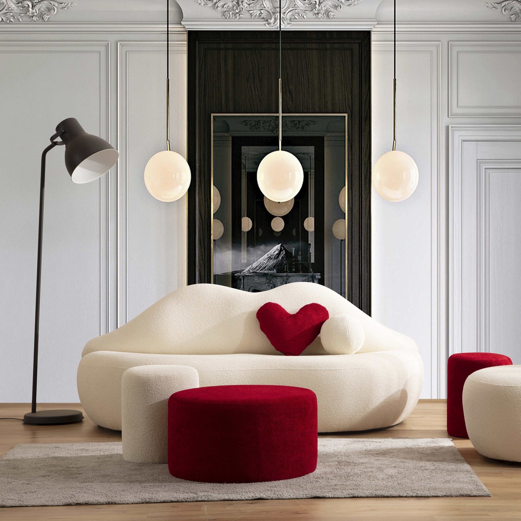 Kiss Boucle Loveseat w/ Round Ottoman & Stool - Ornate Home