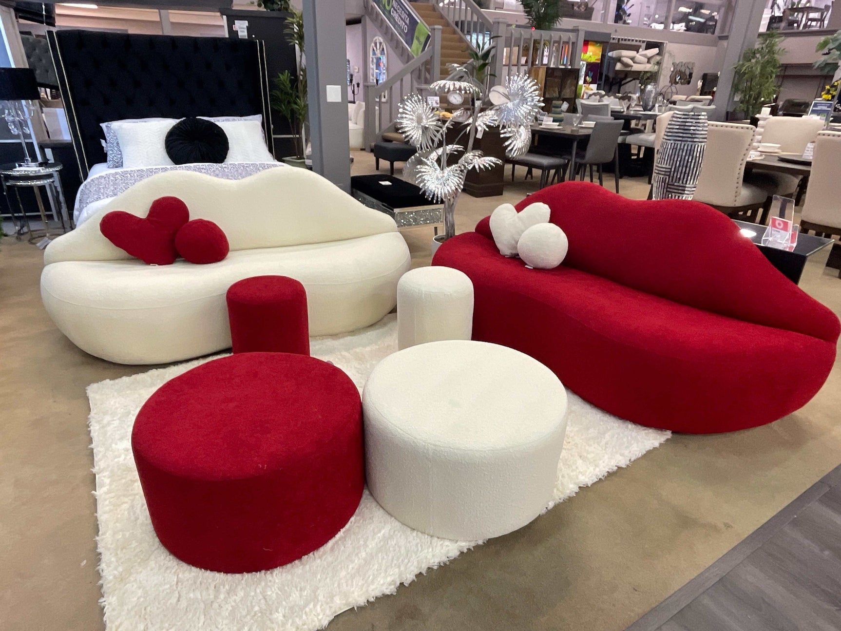 Kiss Boucle Loveseat w/ Round Ottoman & Stool - Ornate Home