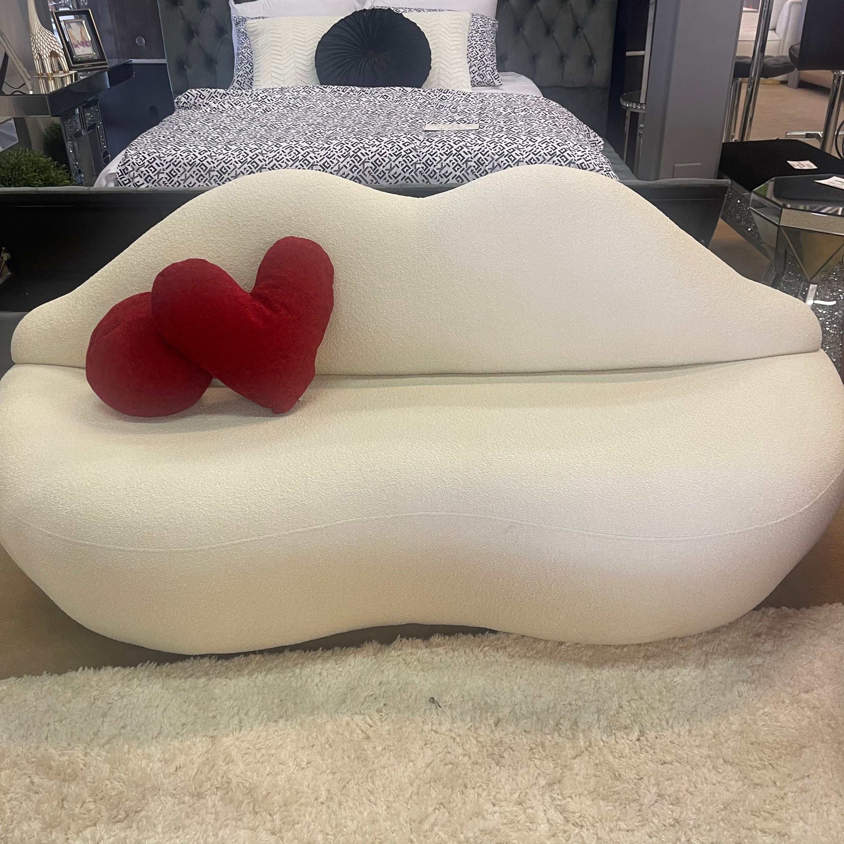 Kiss Boucle Loveseat w/ Round Ottoman & Stool - Ornate Home