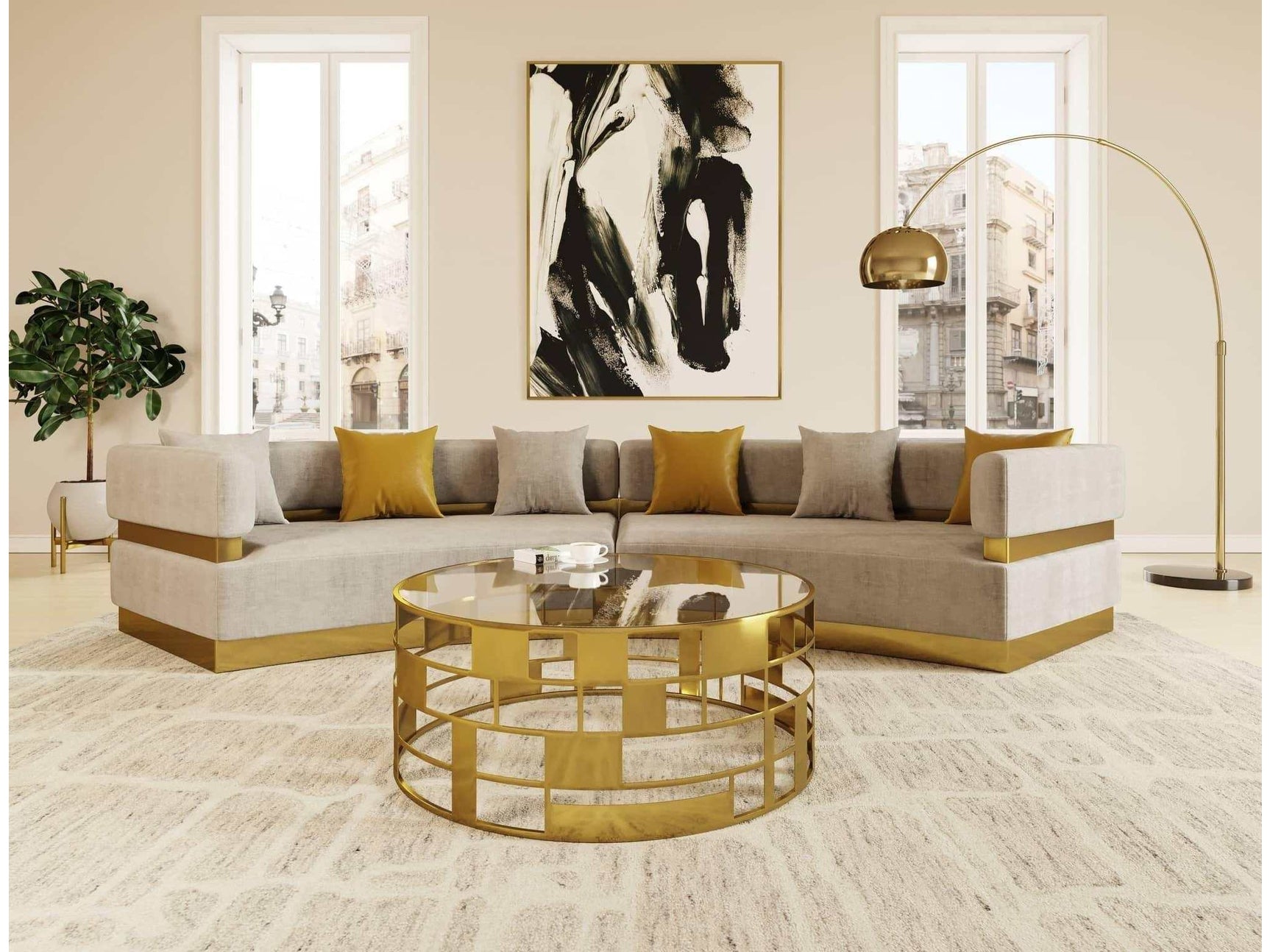 Kiva Glam Beige & Gold Fabric Symmetrical Curved Sectional Sofa - Ornate Home