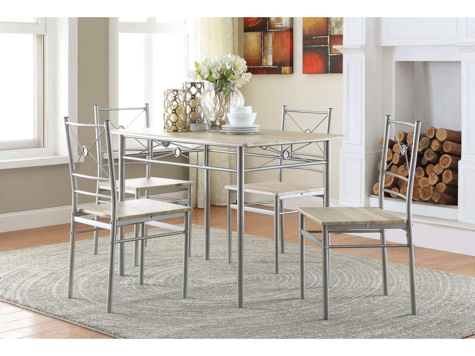 Krishan Brushed Silver 5pc Dining Set - Ornate Home