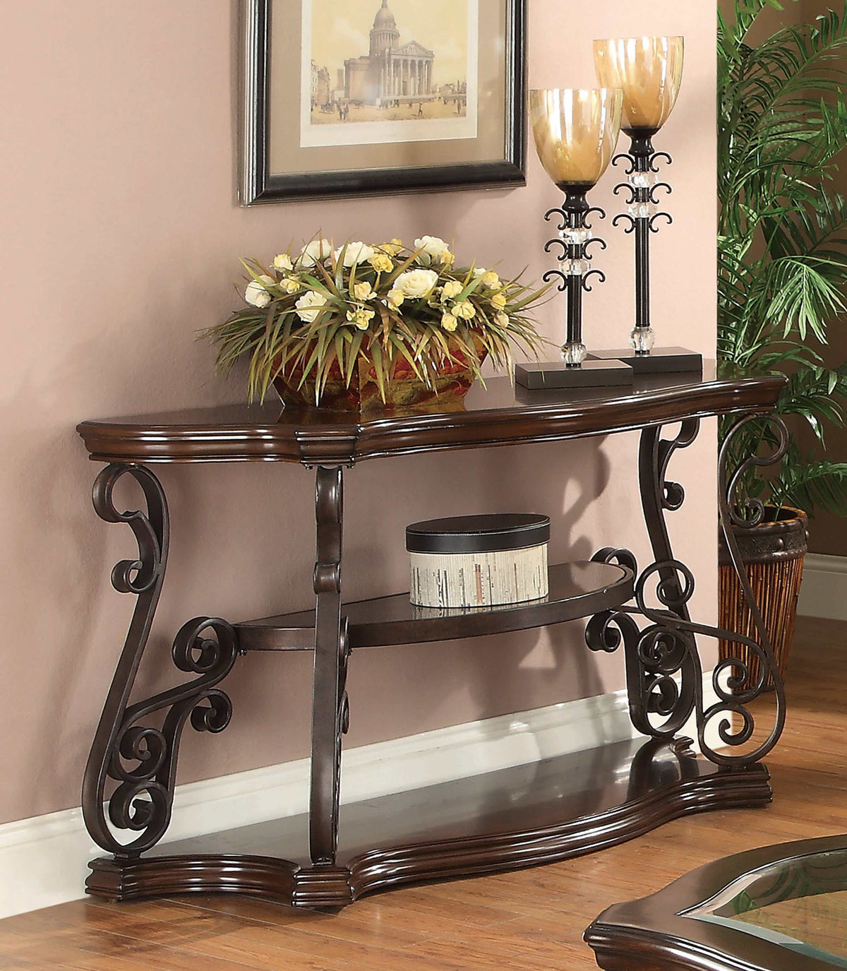Laney Deep Merlot Scrollwork Entryway Sofa Console Table - Ornate Home