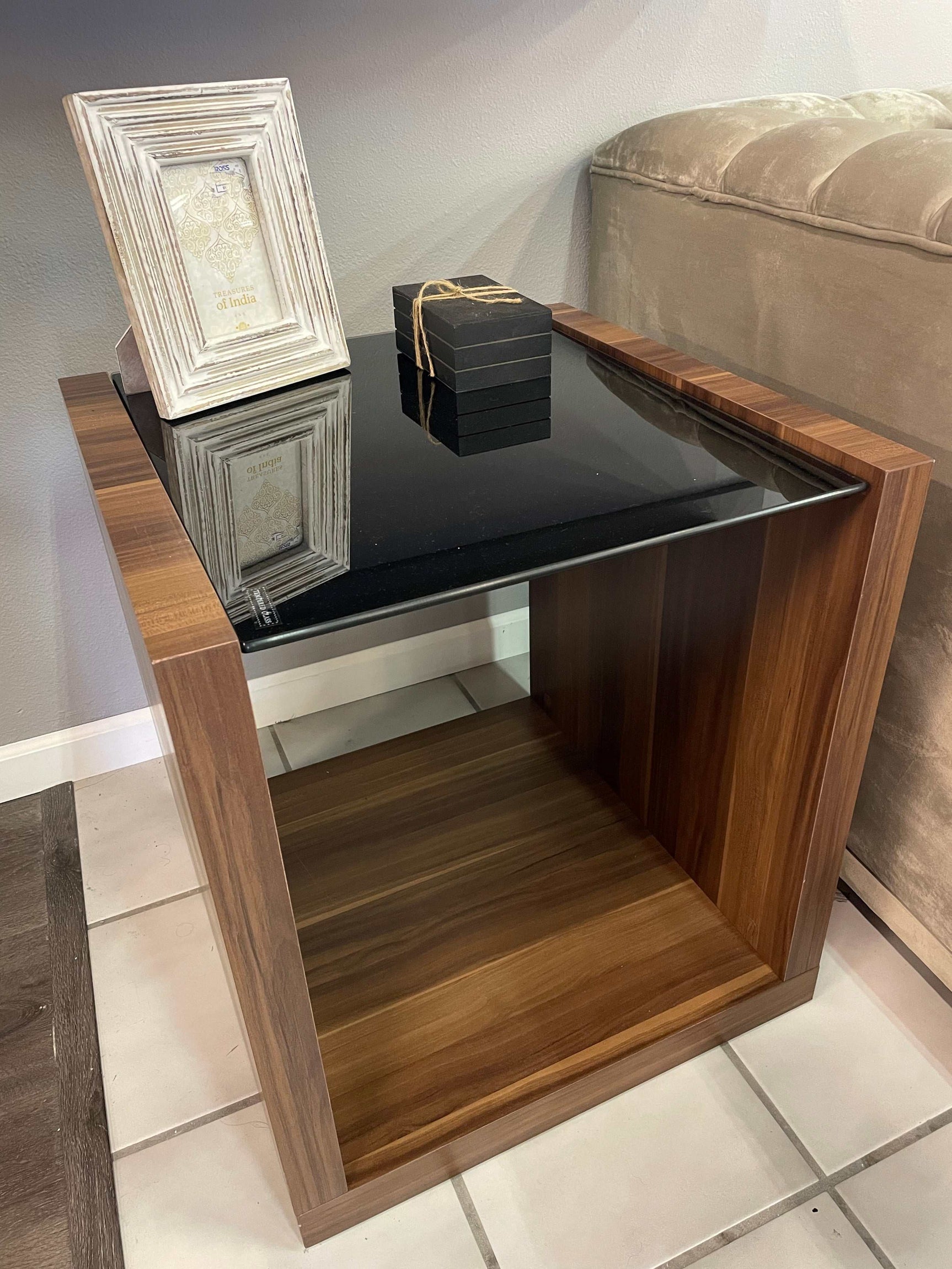 Langenthal Dark Walnut & Black Glass Top End Table - Ornate Home