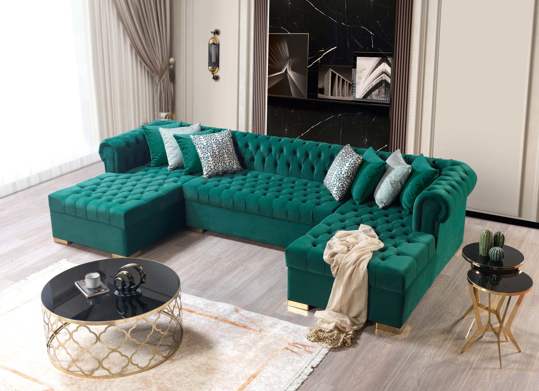 Lauren Green Velvet Double Chaise Sectional - Ornate Home