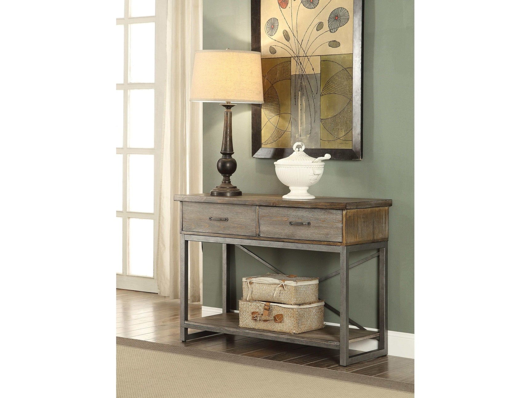 Lazarus Weathered Oak & Antique Silver Server - Ornate Home