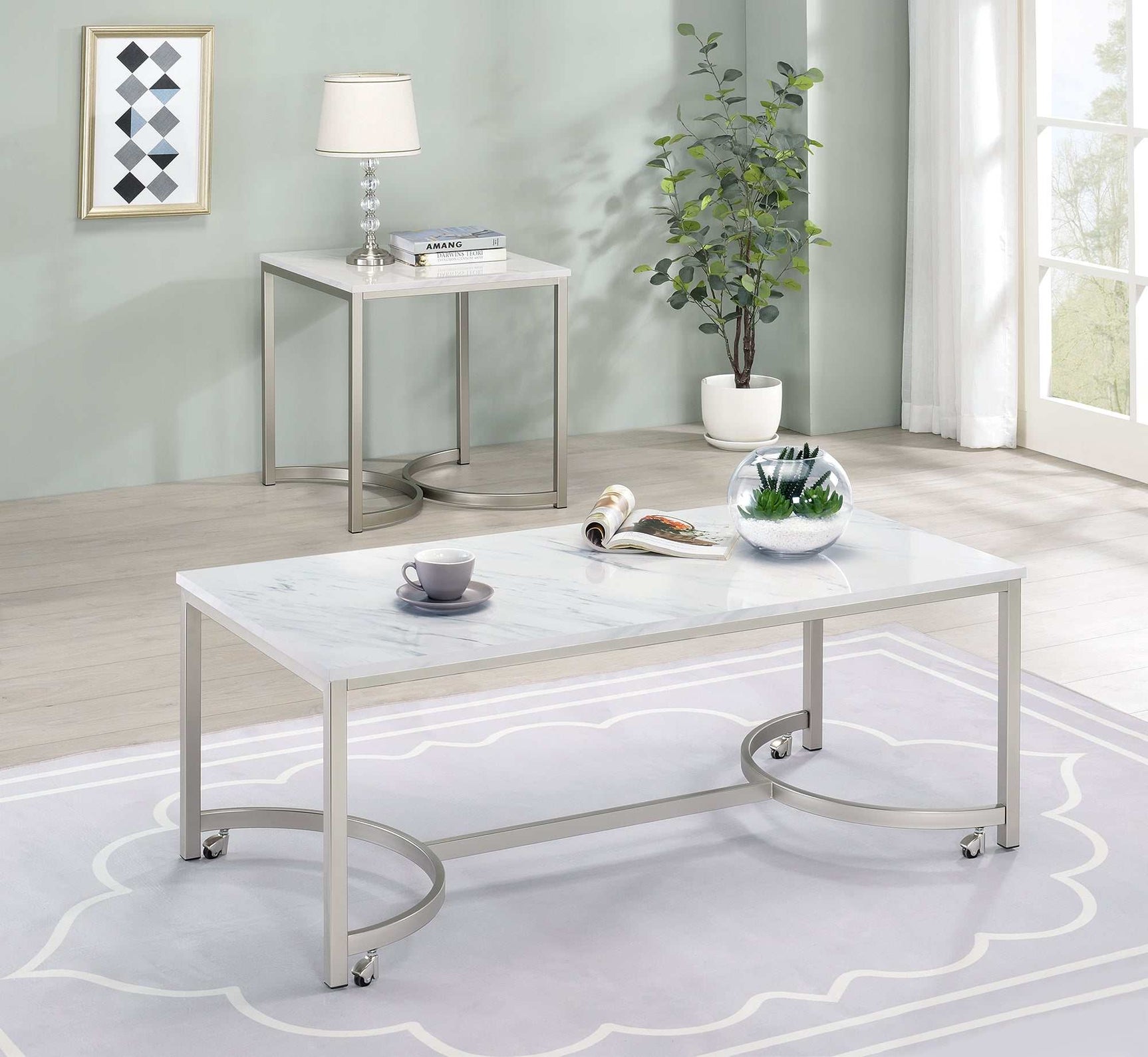 Leona Faux White Marble / Satin Nickel End Table - Ornate Home