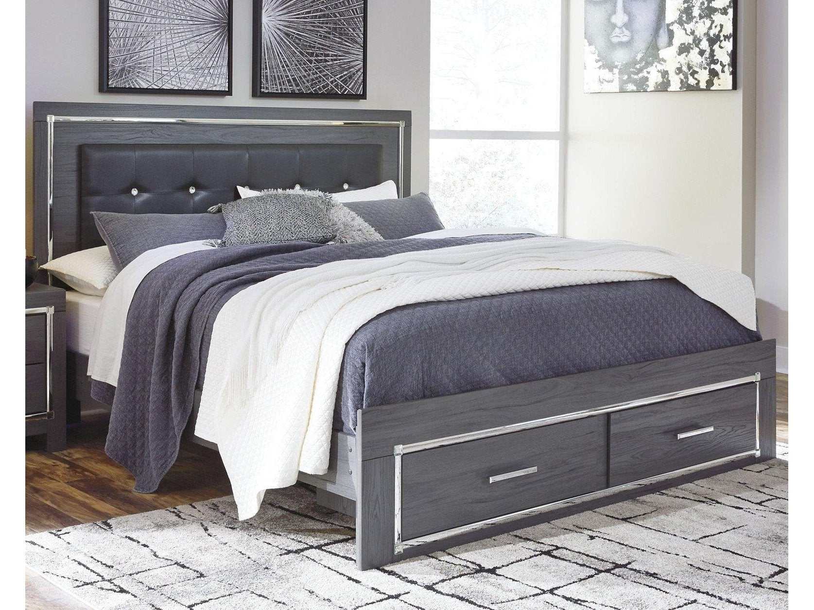 Lodanna Gray King Panel Bed w/ FB Storage & LED - Ornate Home