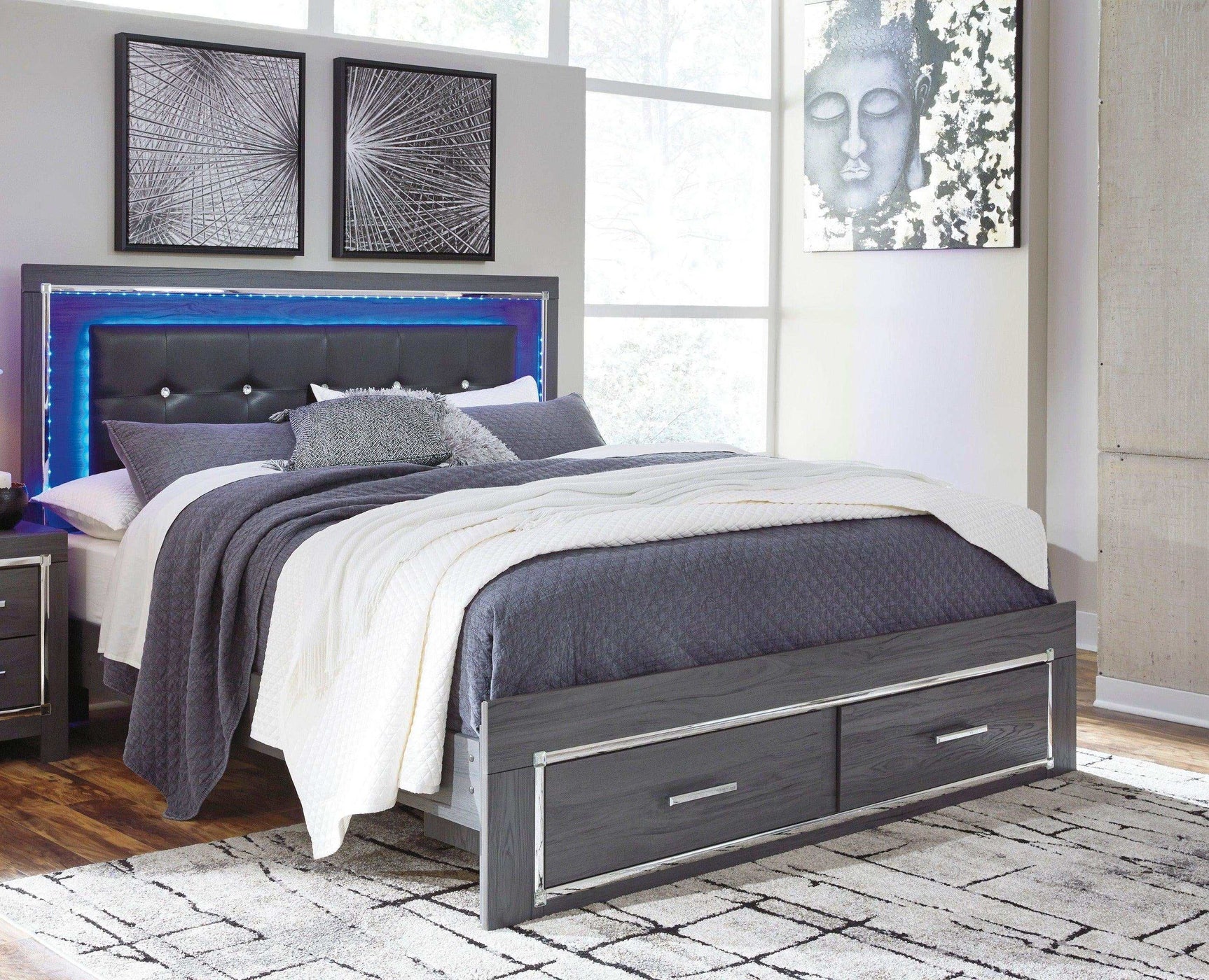 Lodanna Gray King Panel Bed w/ FB Storage & LED - Ornate Home