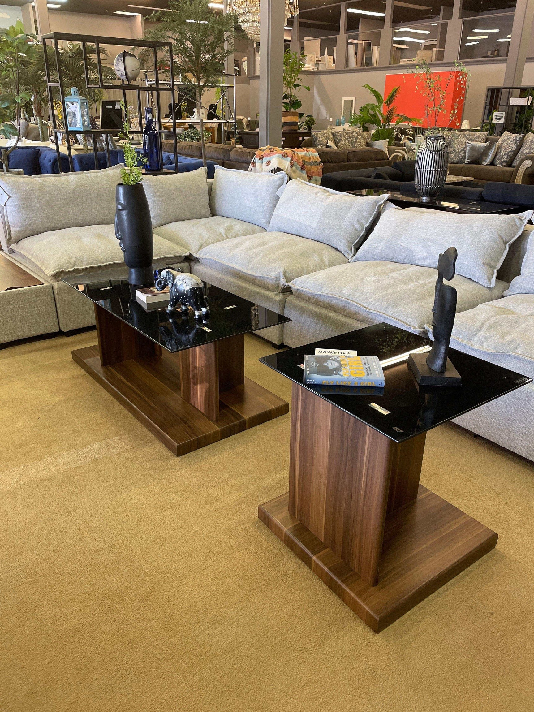 Mannedorf Dark Walnut & Black Glass Top Coffee Table - Ornate Home