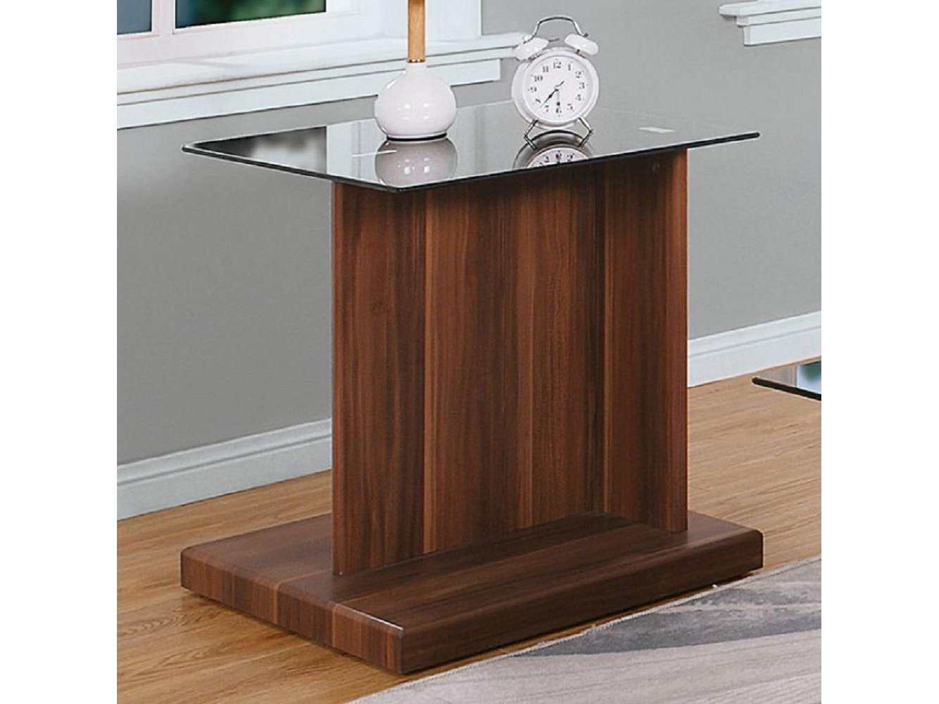 Mannedorf Dark Walnut & Black Glass Top End Table - Ornate Home
