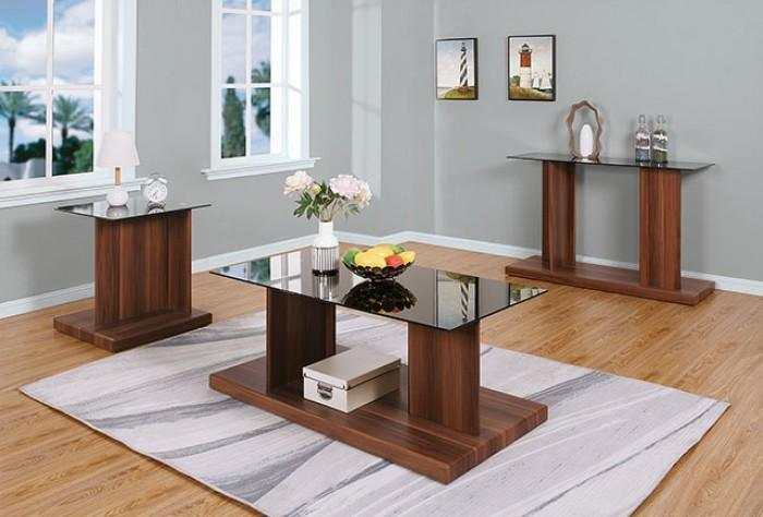 Mannedorf Dark Walnut & Black Glass Top End Table - Ornate Home