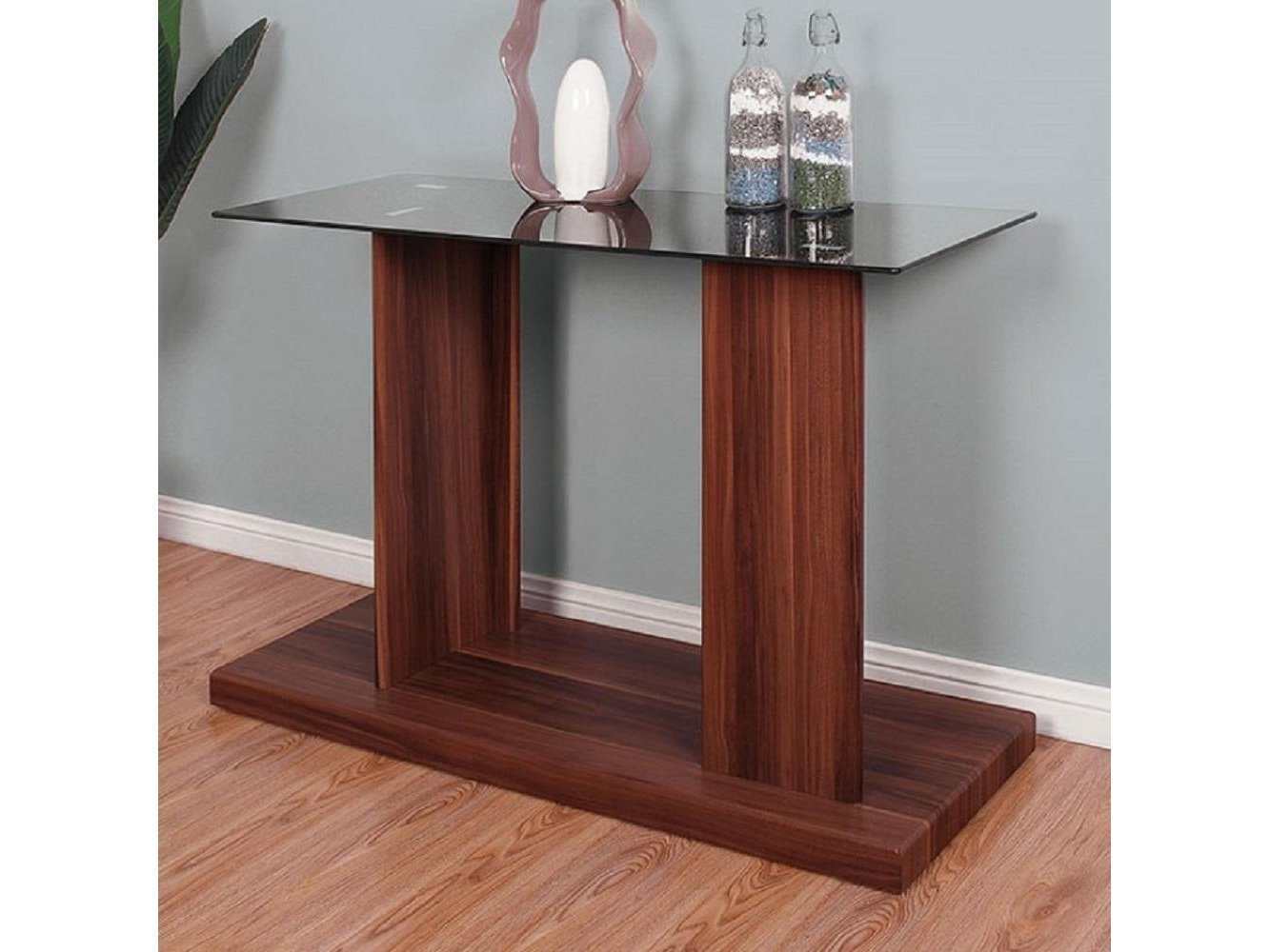 Mannedorf Dark Walnut & Black Glass Top Sofa Table - Ornate Home