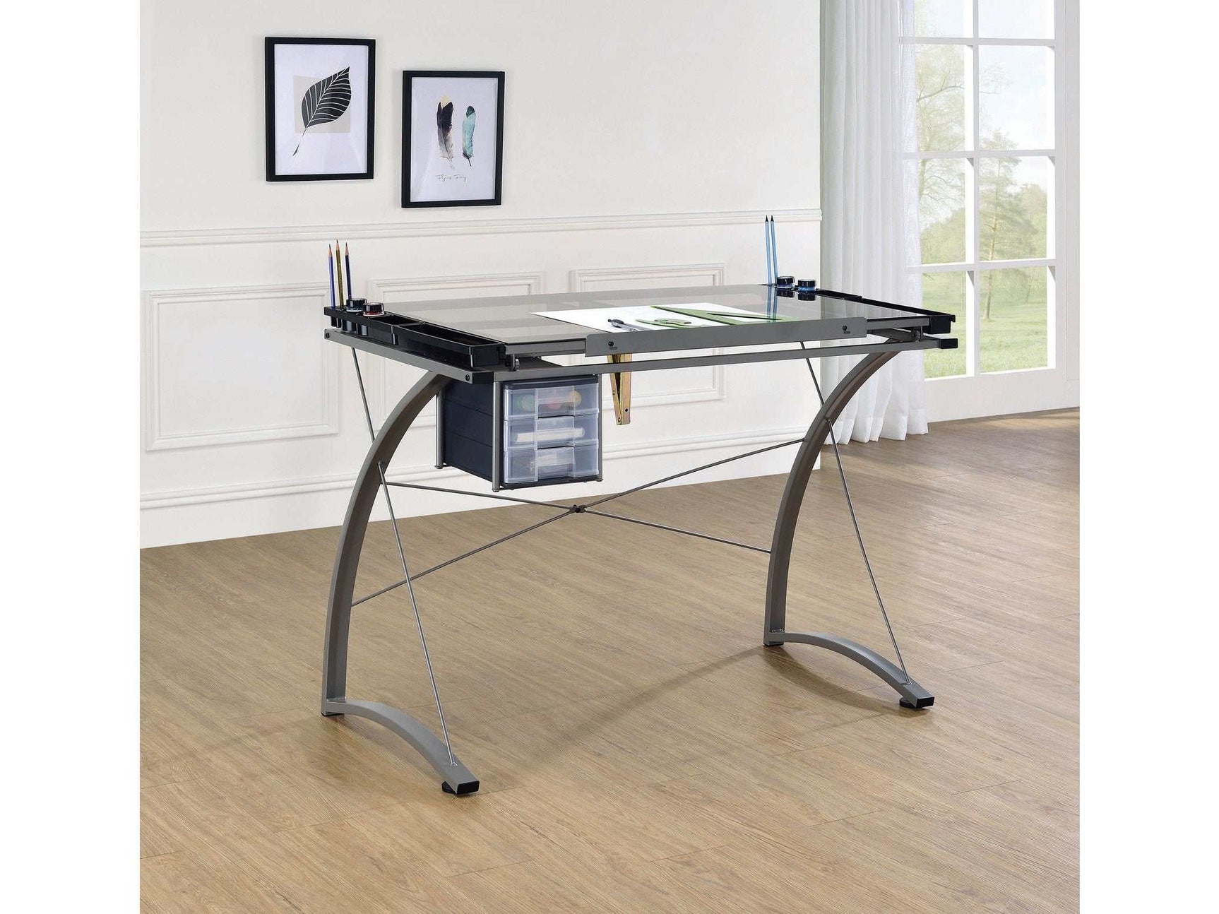 Melo Champagne Drafting Desk w/ 3 Drawer - Ornate Home