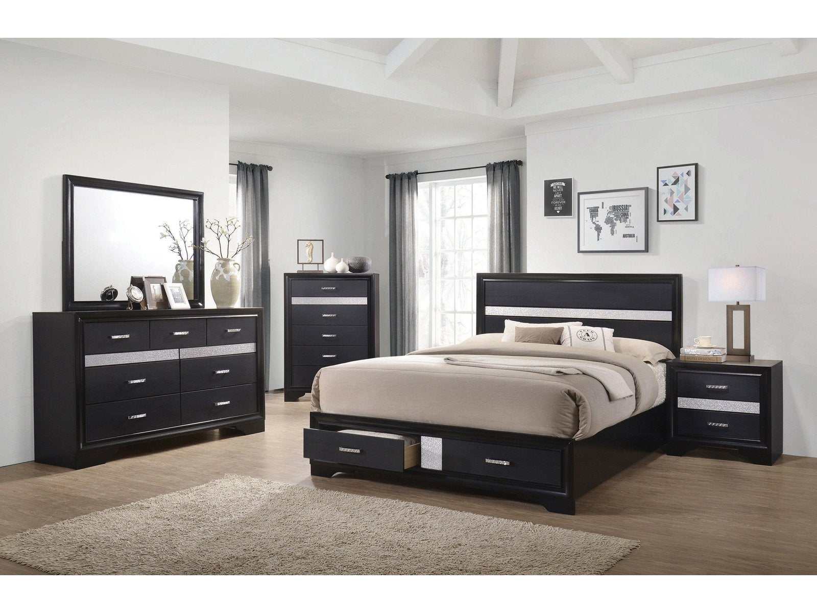 Miranda Black 5pc California King Platform Bedroom Set w/ Storage - Ornate Home