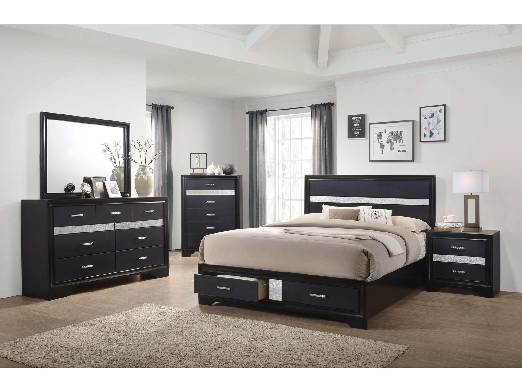 Miranda Black Queen Bed 4 Pc Set - Ornate Home