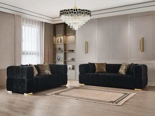 Monica Black Velvet Sofa & Loveseat / 2pc - Ornate Home