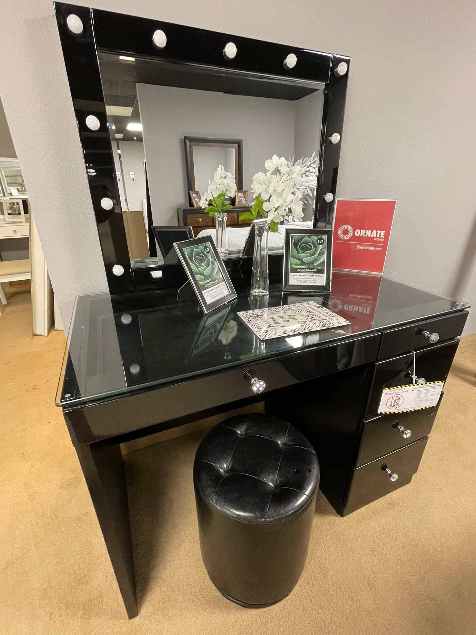 Morgan Black Vanity Set w/LED & Stool - Ornate Home