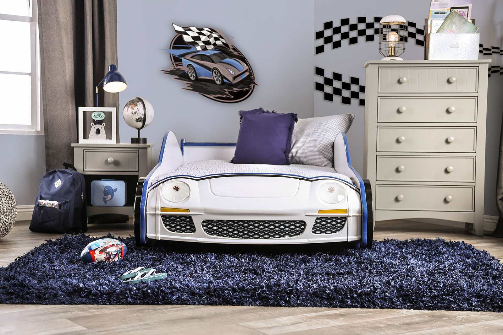 Poe Blue & White Twin Car Bed - Ornate Home