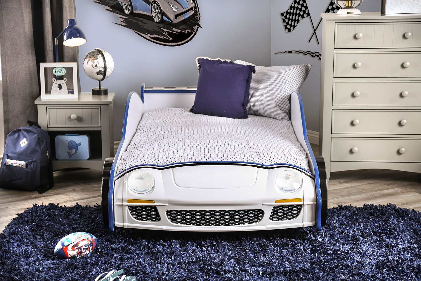 Poe Blue & White Twin Car Bed - Ornate Home