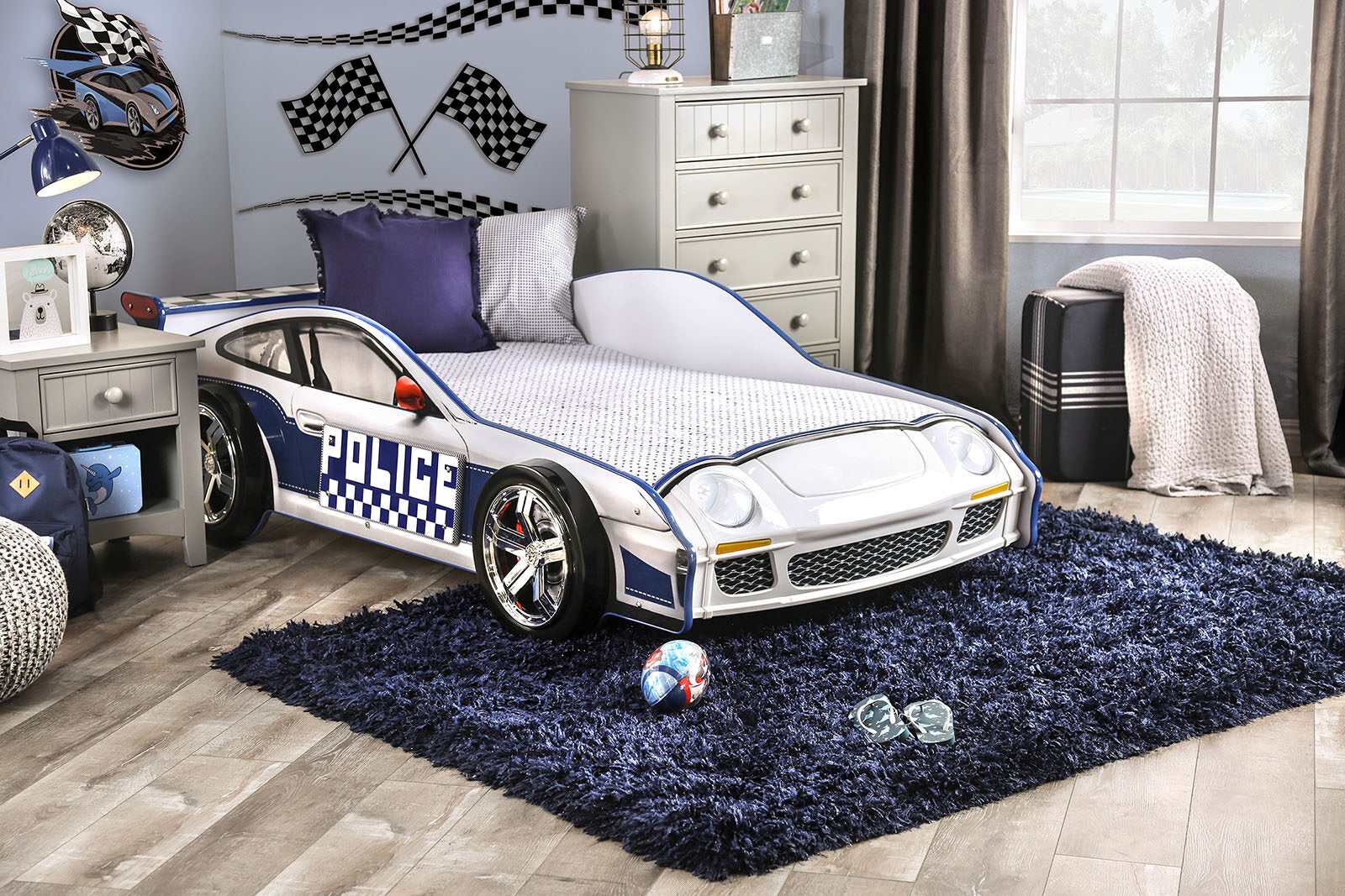 Poe Blue & White Twin Car Bed - Ornate Home