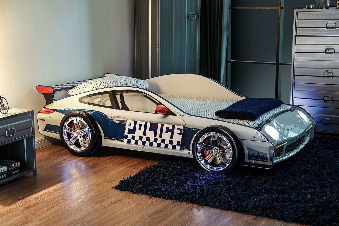 Poe Blue & White Twin Car Bed - Ornate Home