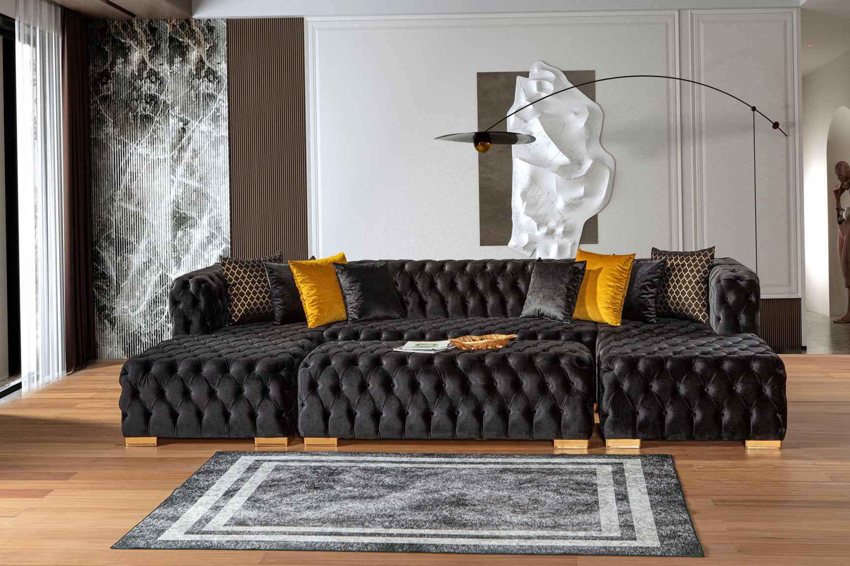 Polo Black Velvet Double Chaise "U" Shape Sectional Sofa - Ornate Home