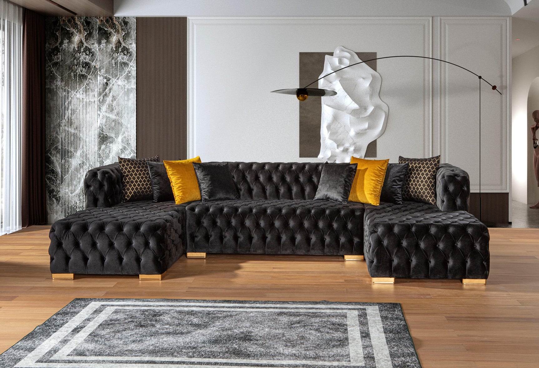 Polo Black Velvet Double Chaise "U" Shape Sectional Sofa - Ornate Home