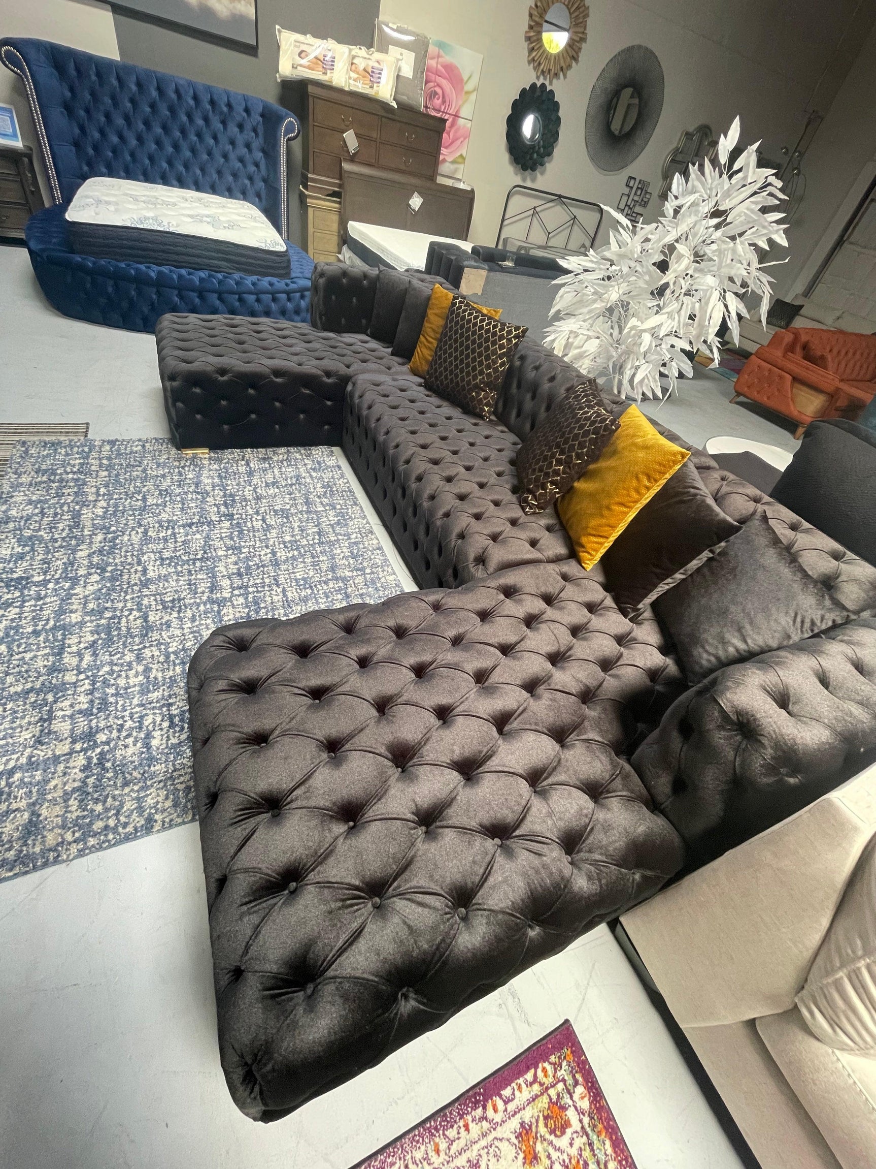 Polo Black Velvet Double Chaise "U" Shape Sectional Sofa - Ornate Home