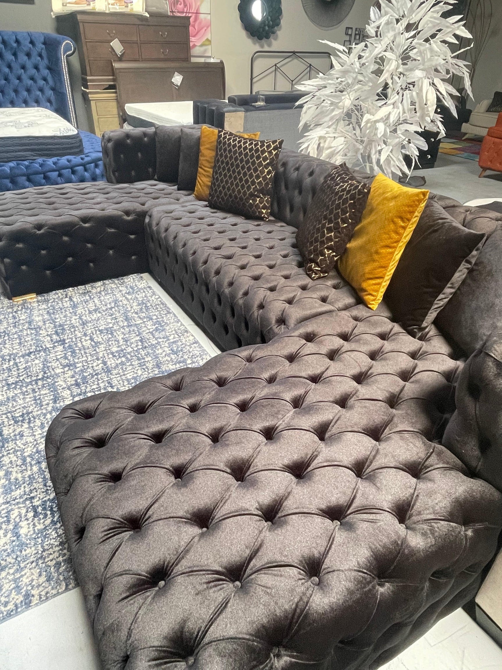 Polo Black Velvet Double Chaise "U" Shape Sectional Sofa - Ornate Home