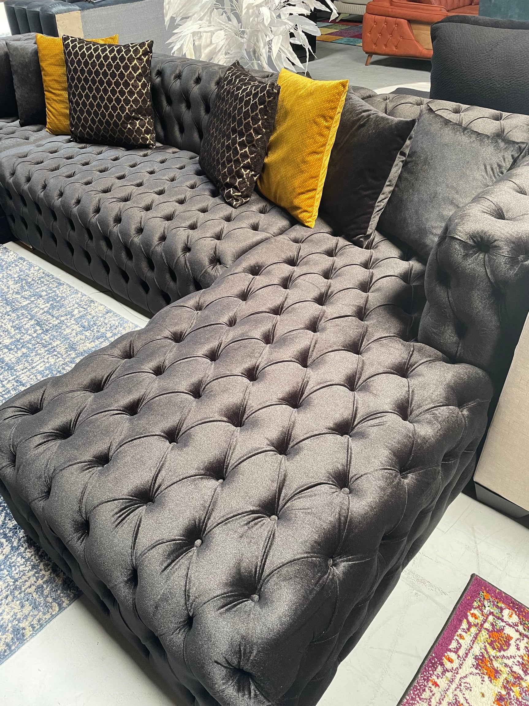 Polo Black Velvet Double Chaise "U" Shape Sectional Sofa - Ornate Home