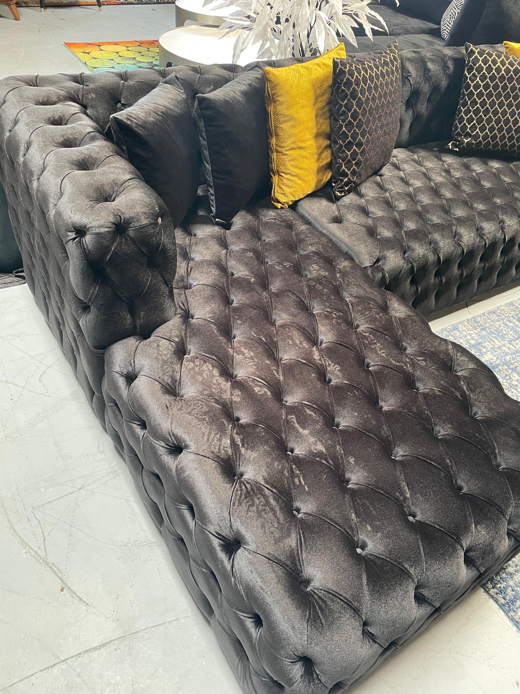 Polo Black Velvet Double Chaise "U" Shape Sectional Sofa - Ornate Home